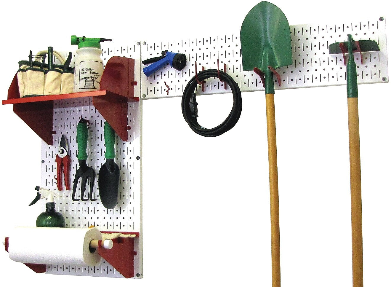 Wall Control Garden Tool Storage Organizer Pegboard Kit, White Tool Board and Red Accessories
