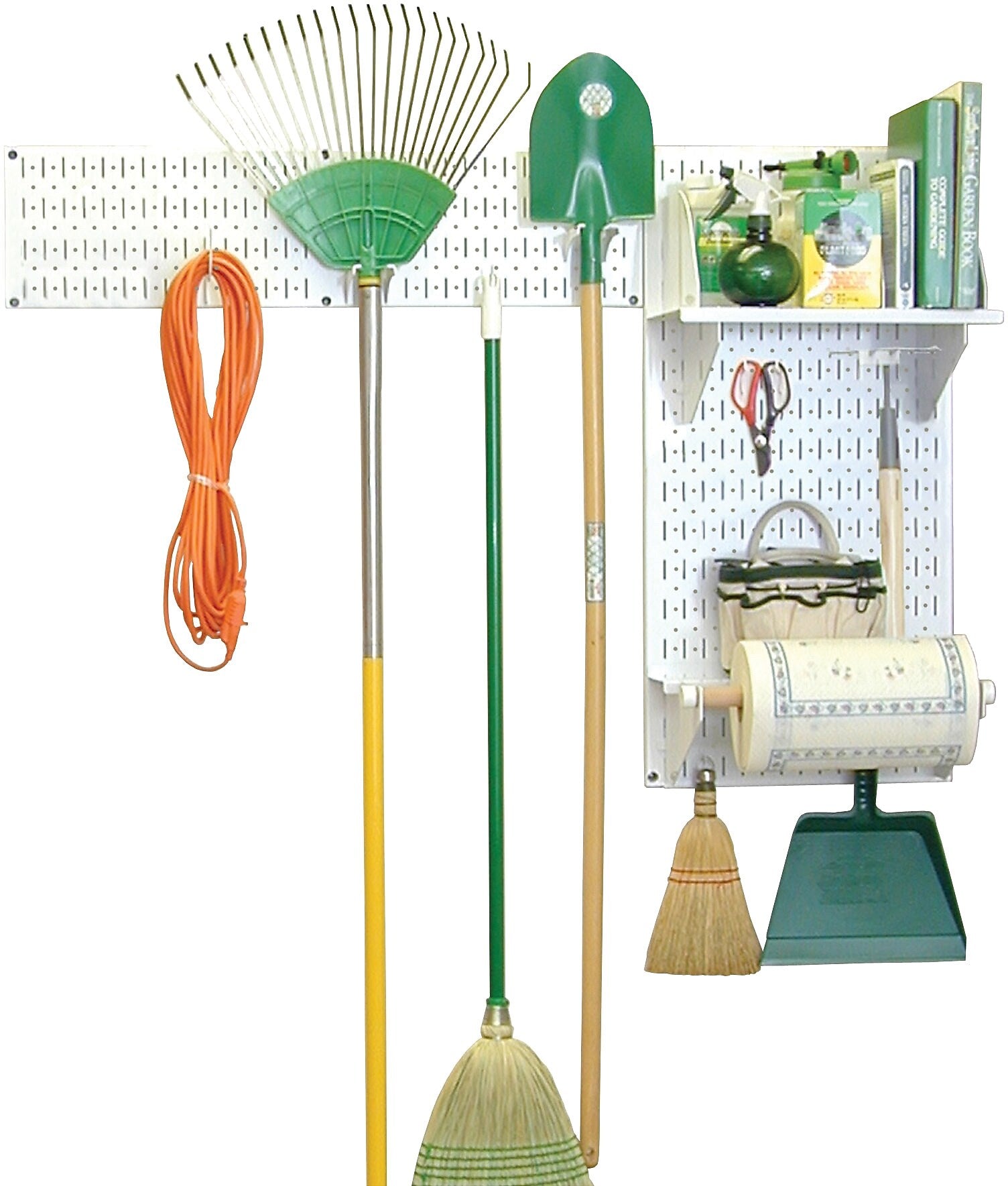 Wall Control Garden Tool Storage Organizer Pegboard Kit, White Tool Board and White Accessories