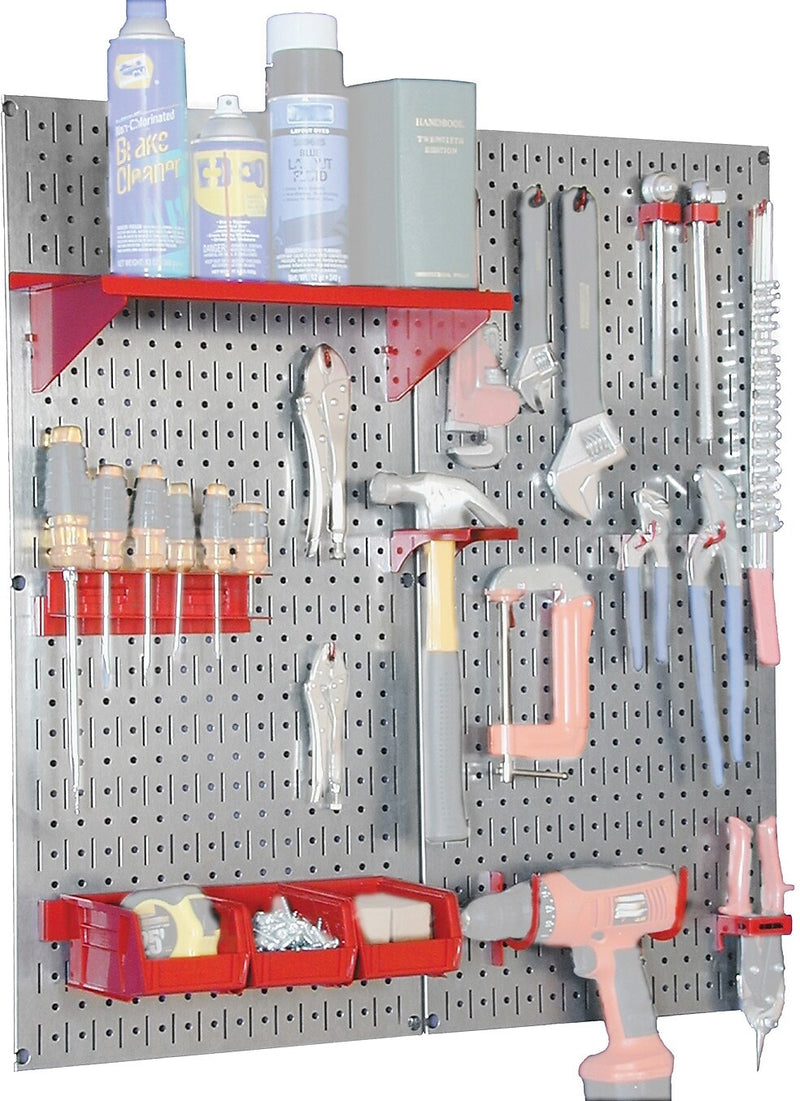 Wall Control Metal Pegboard Utility Tool Storage Kit, Galvanized Pegboard and Red Accessories