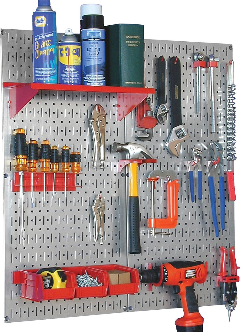 Wall Control Metal Pegboard Utility Tool Storage Kit, Galvanized Pegboard and Red Accessories