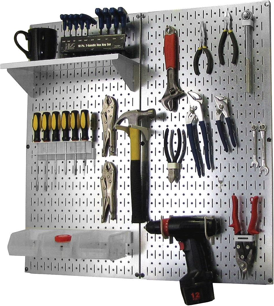 Wall Control Metal Pegboard Utility Tool Storage Kit, Galvanized Pegboard and White Accessories