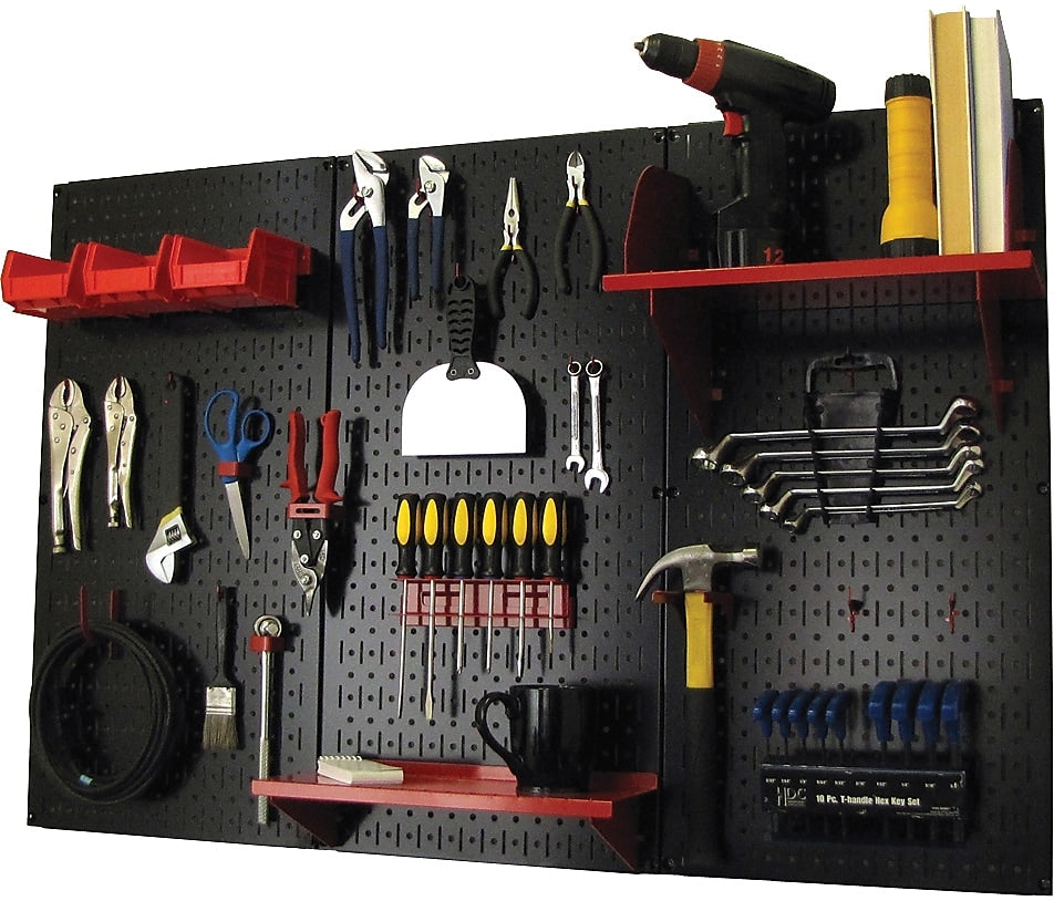 Wall Control 4' Metal Pegboard Standard Workbench Kit, Black Tool Board and Red Accessories