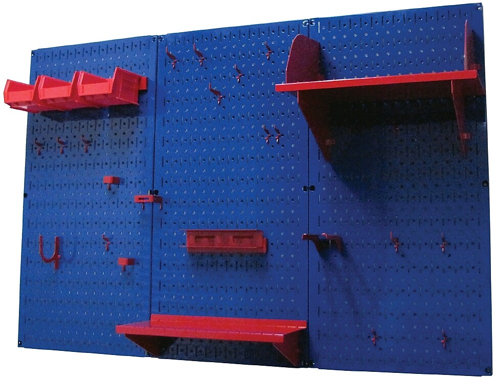 Wall Control 4' Metal Pegboard Standard Workbench Kit, Blue Tool Board and Red Accessories