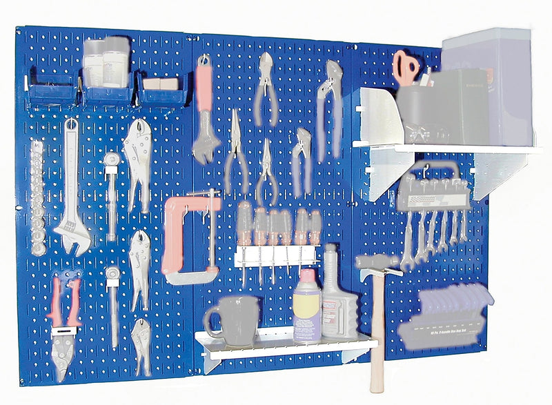 Wall Control 4' Metal Pegboard Standard Workbench Kit, Blue Tool Board and White Accessories