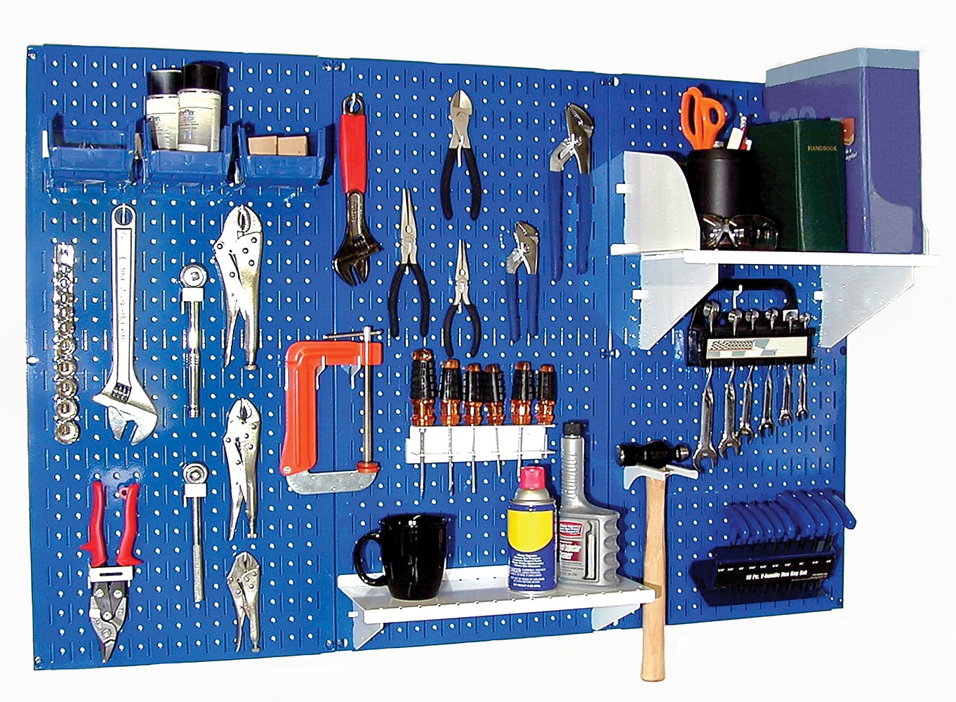 Wall Control 4' Metal Pegboard Standard Workbench Kit, Blue Tool Board and White Accessories