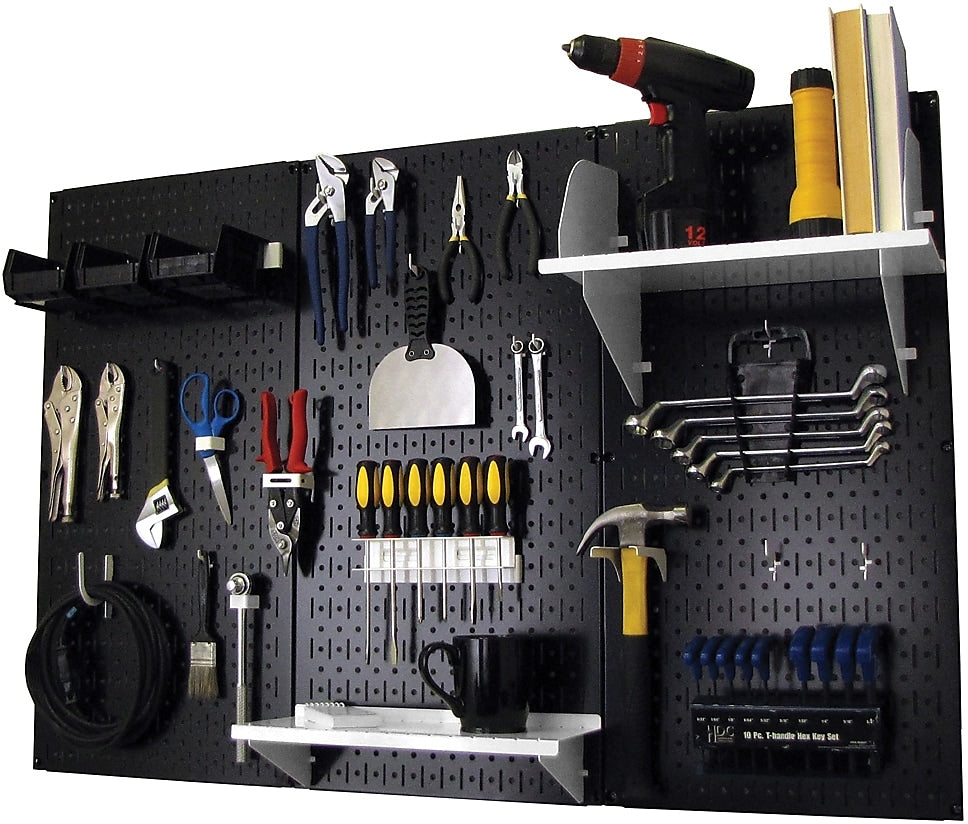 Wall Control 4' Metal Pegboard Standard Workbench Kit, Black Tool Board and White Accessories