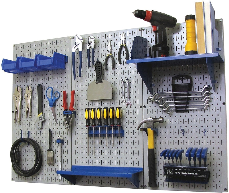 Wall Control 4' Metal Pegboard Standard Workbench Kit, Gray Tool Board and Blue Accessories
