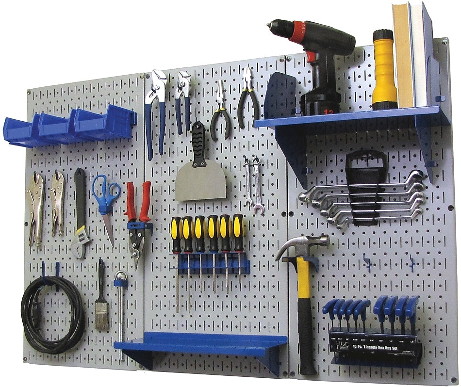 Wall Control 4' Metal Pegboard Standard Workbench Kit, Gray Tool Board and Blue Accessories