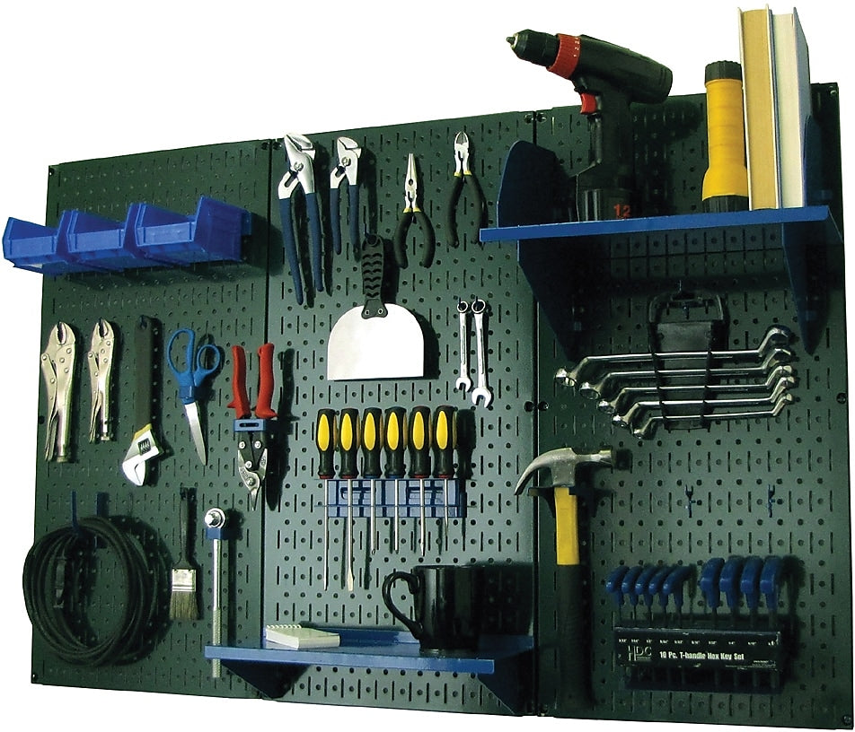 Wall Control 4' Metal Pegboard Standard Workbench Kit, Green Tool Board and Blue Accessories