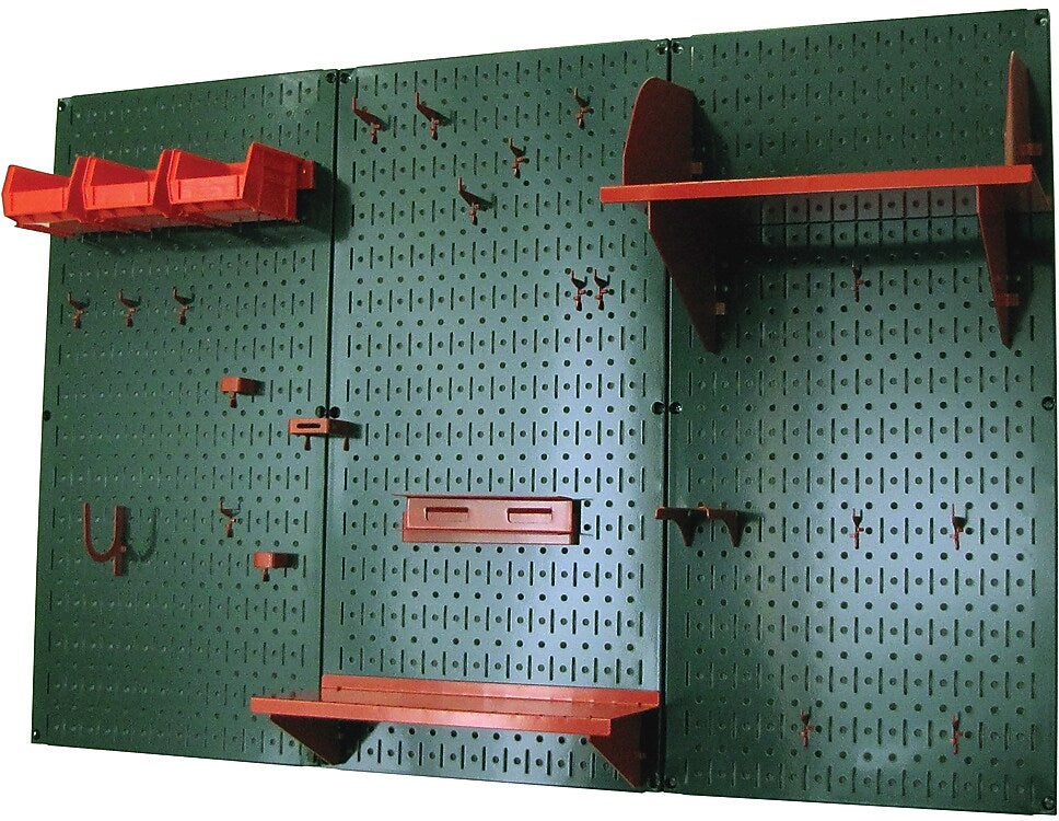 Wall Control 4' Metal Pegboard Standard Workbench Kit, Green Tool Board and Red Accessories