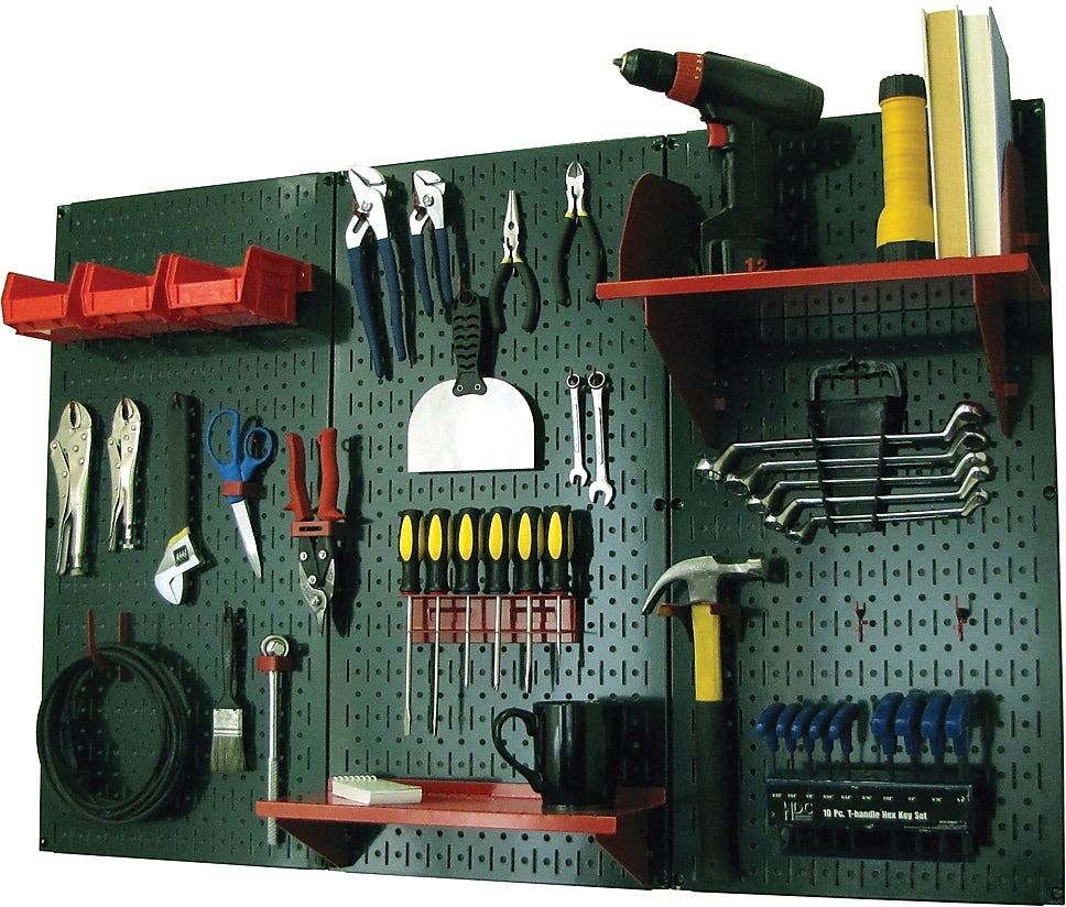 Wall Control 4' Metal Pegboard Standard Workbench Kit, Green Tool Board and Red Accessories