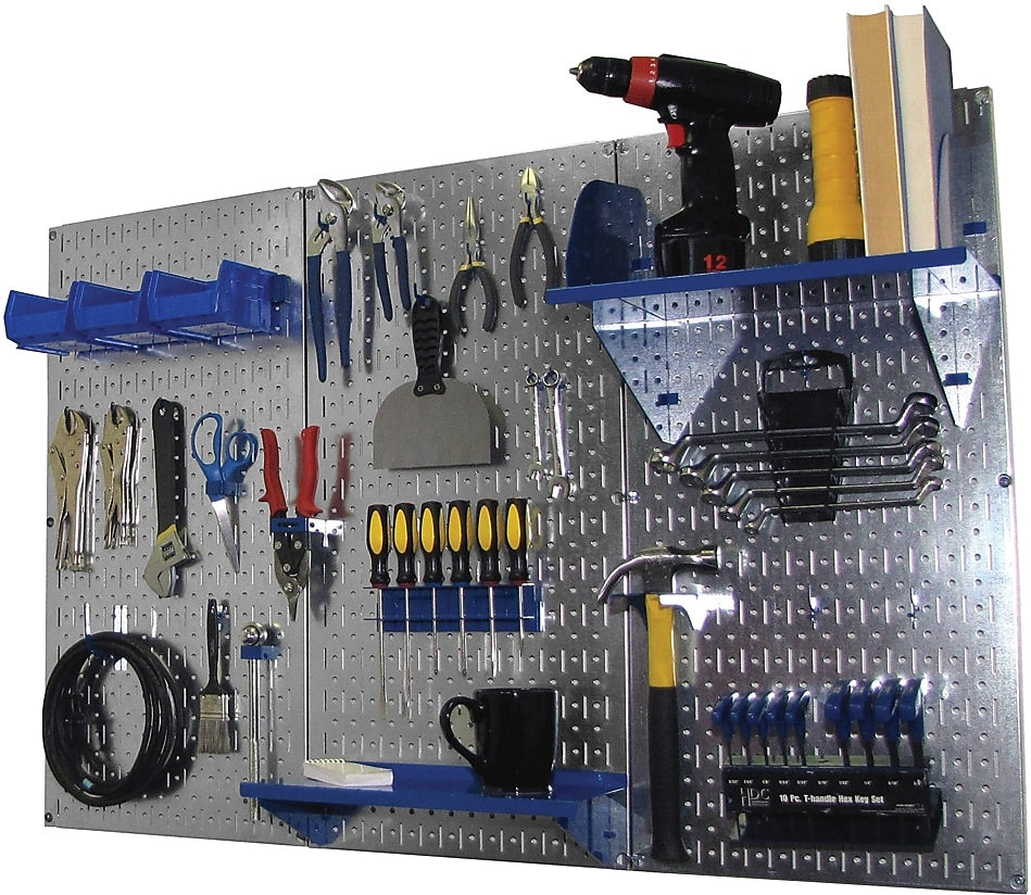 Wall Control 4' Metal Pegboard Standard Workbench Kit, Galvanized Tool Board and Blue Accessories