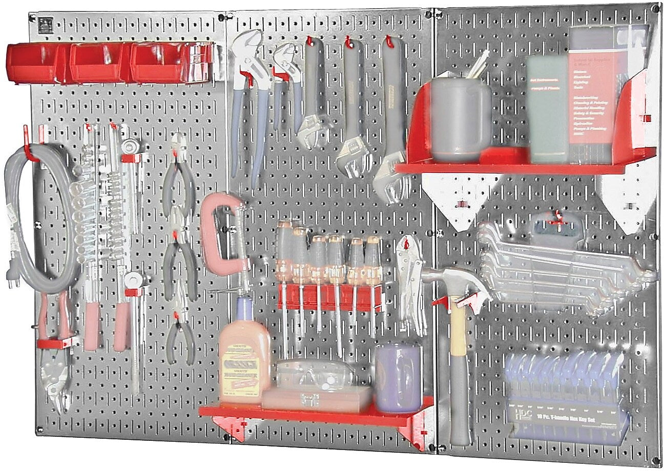 Wall Control 4' Metal Pegboard Standard Workbench Kit, Galvanized Tool Board and Red Accessories