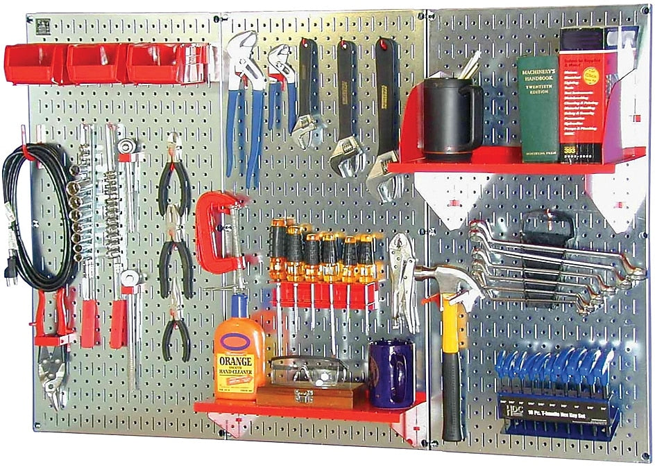 Wall Control 4' Metal Pegboard Standard Workbench Kit, Galvanized Tool Board and Red Accessories