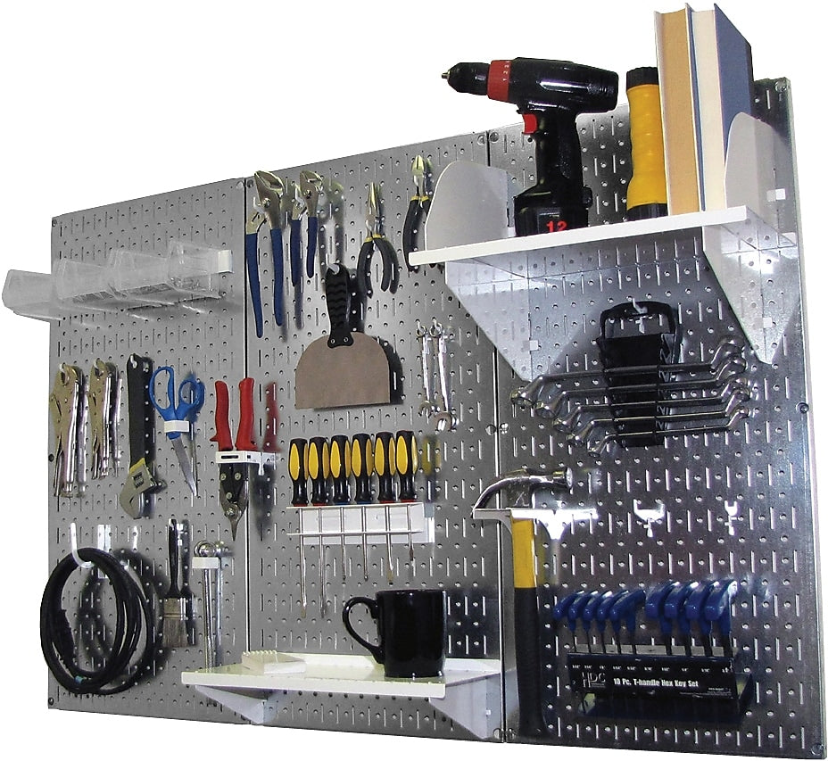 Wall Control 4' Metal Pegboard Standard Workbench Kit, Galvanized Tool Board and White Accessories