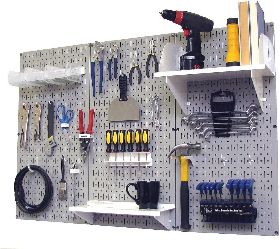 Wall Control 4' Metal Pegboard Standard Workbench Kit, Gray Tool Board and White Accessories