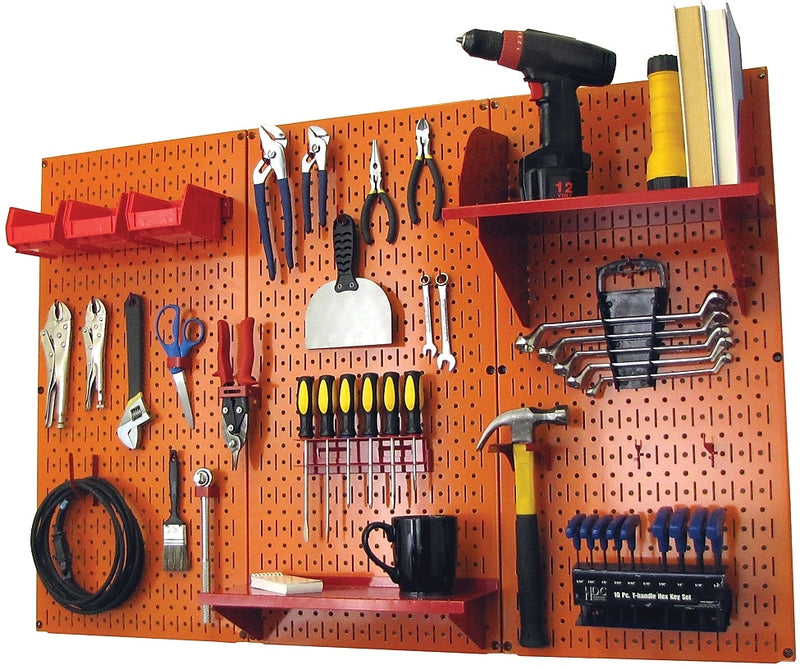 Wall Control 4' Metal Pegboard Standard Workbench Kit, Orange Tool Board and Red Accessories
