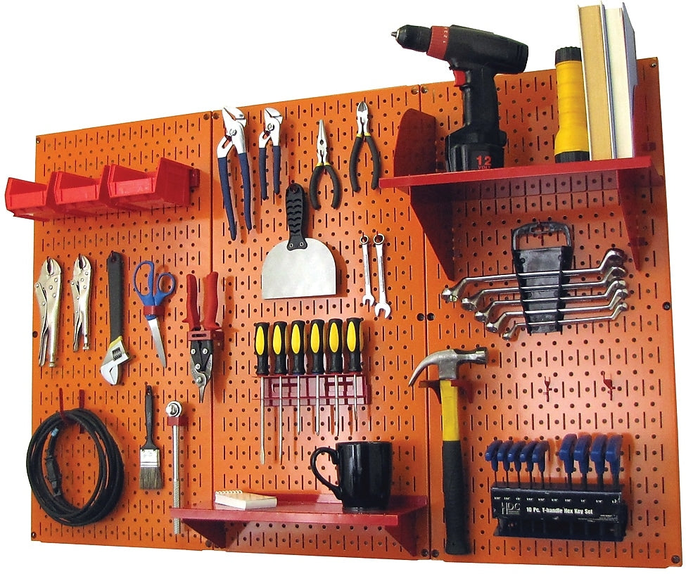Wall Control 4' Metal Pegboard Standard Workbench Kit, Orange Tool Board and Red Accessories