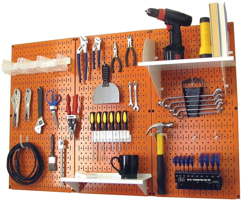 Wall Control 4' Metal Pegboard Standard Workbench Kit, Orange Tool Board and White Accessories