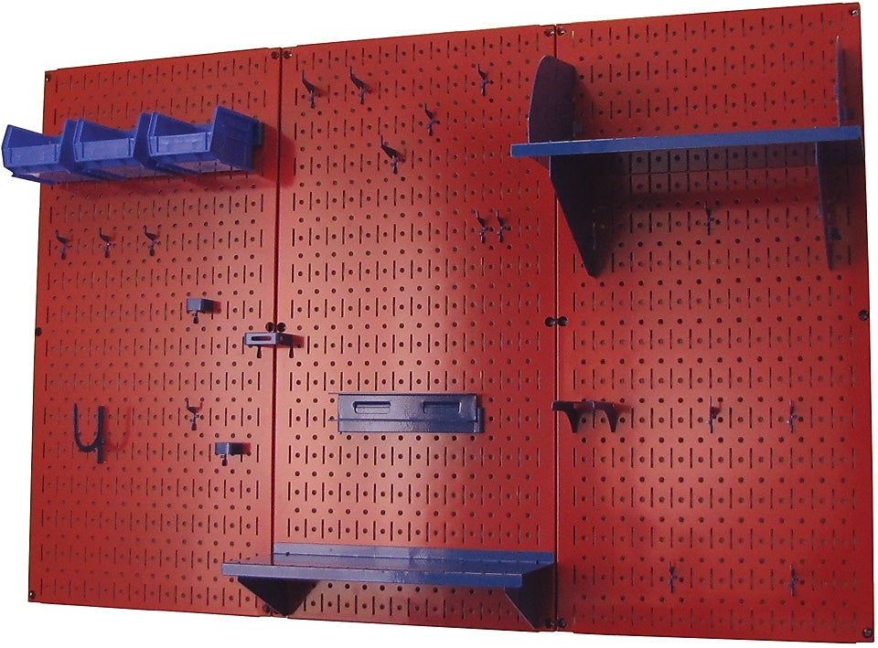 Wall Control 4' Metal Pegboard Standard Workbench Kit, Red Tool Board and Blue Accessories