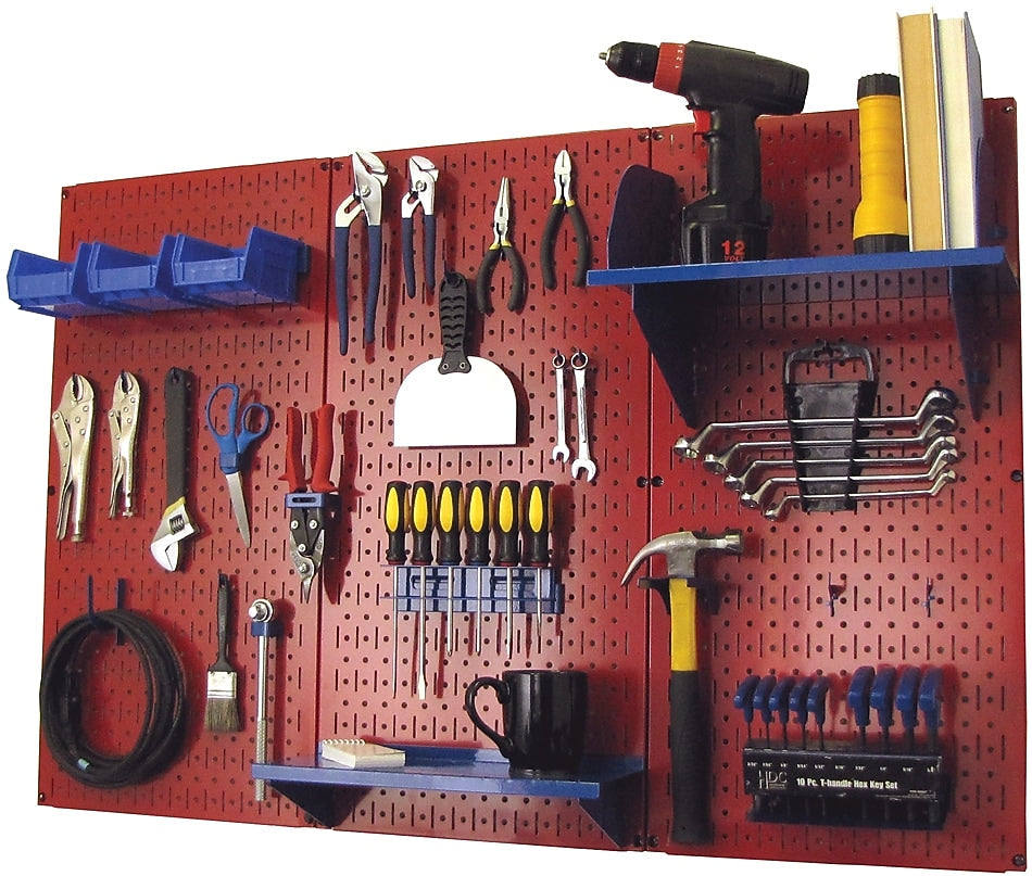 Wall Control 4' Metal Pegboard Standard Workbench Kit, Red Tool Board and Blue Accessories