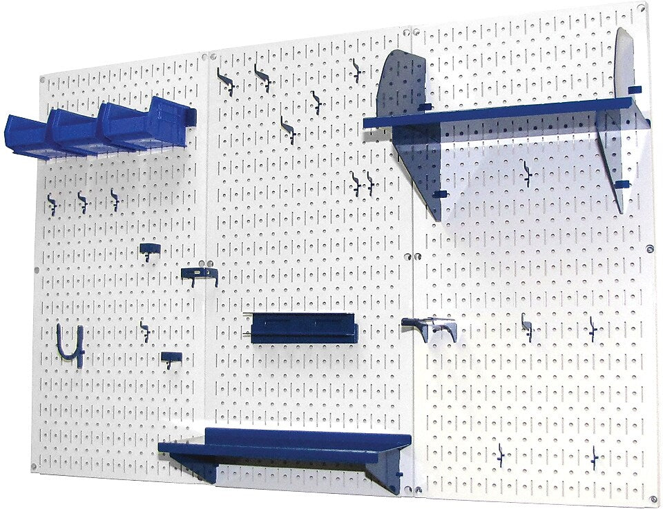 Wall Control 4' Metal Pegboard Standard Workbench Kit, White Tool Board and Blue Accessories