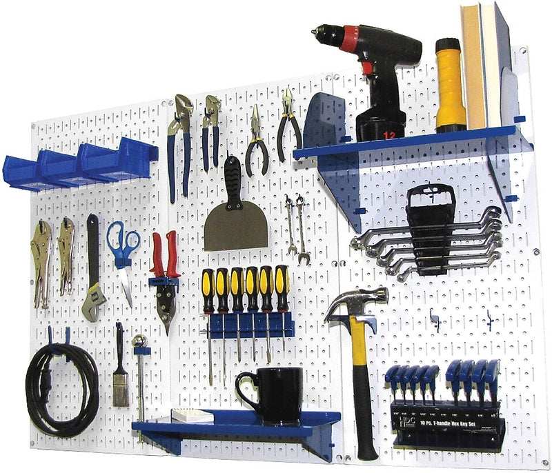 Wall Control 4' Metal Pegboard Standard Workbench Kit, White Tool Board and Blue Accessories