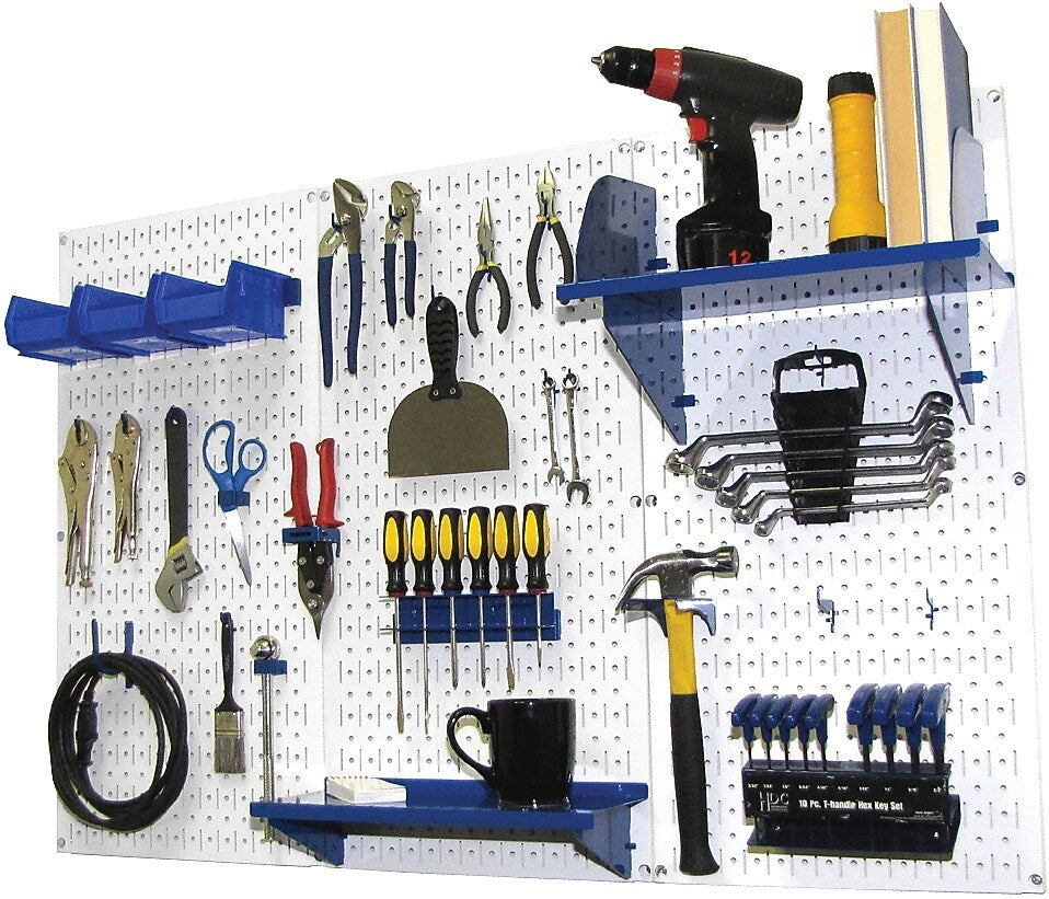 Wall Control 4' Metal Pegboard Standard Workbench Kit, White Tool Board and Blue Accessories