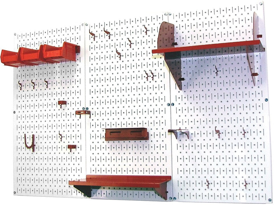 Wall Control 4' Metal Pegboard Standard Workbench Kit, White Tool Board and Red Accessories
