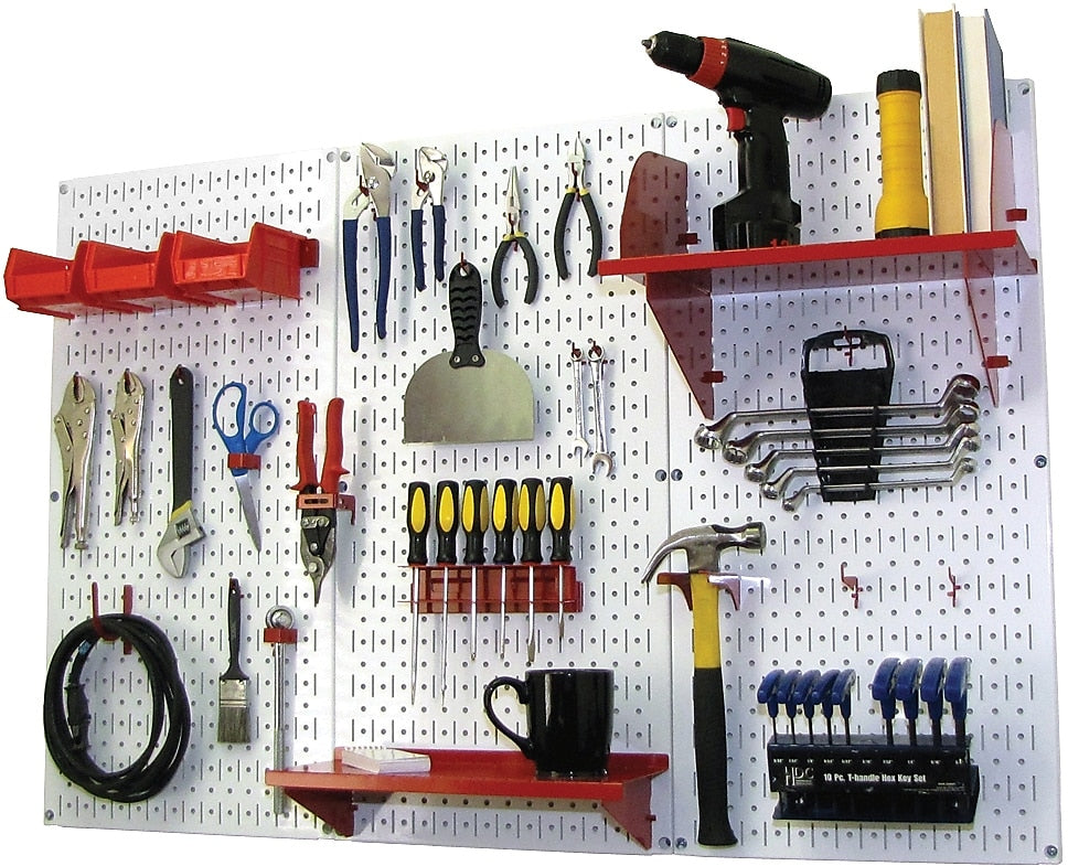 Wall Control 4' Metal Pegboard Standard Workbench Kit, White Tool Board and Red Accessories