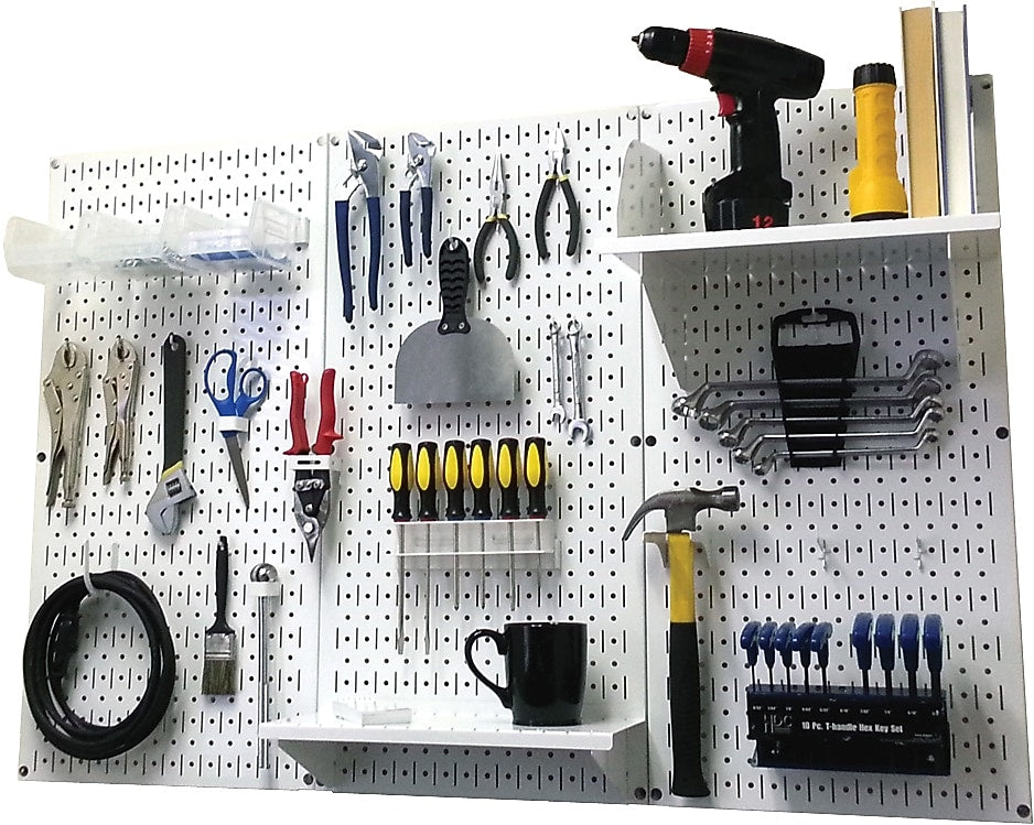 Wall Control 4' Metal Pegboard Standard Workbench Kit, White Tool Board and White Accessories