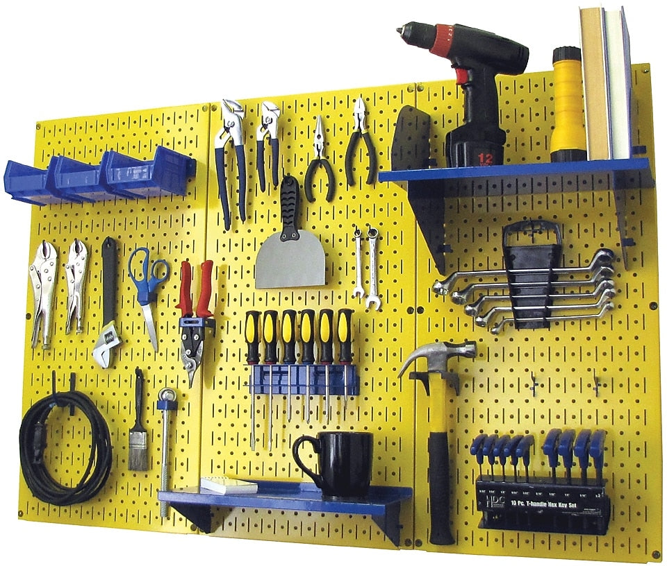 Wall Control 4' Metal Pegboard Standard Workbench Kit, Yellow Tool Board and Blue Accessories