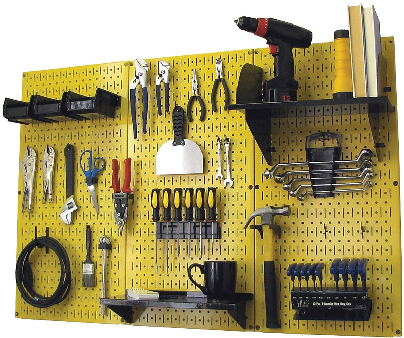 Wall Control 4' Metal Pegboard Standard Workbench Kit, Yellow Tool Board and Black Accessories