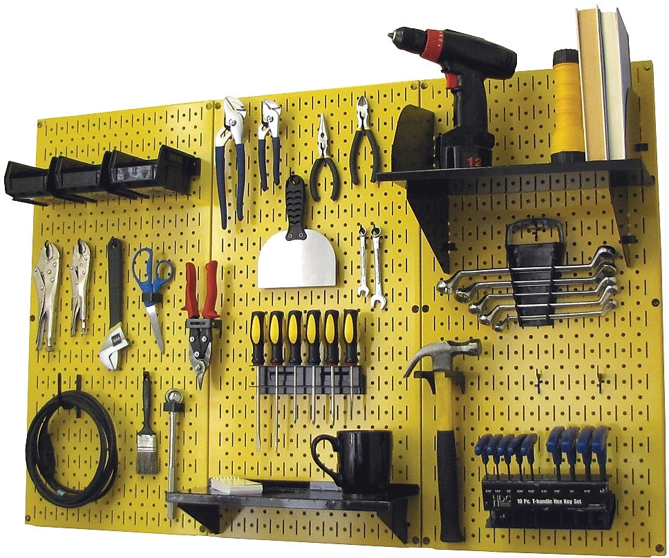 Wall Control 4' Metal Pegboard Standard Workbench Kit, Yellow Tool Board and Black Accessories