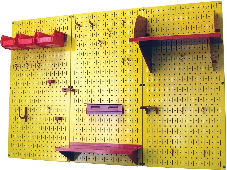 Wall Control 4' Metal Pegboard Standard Workbench Kit, Yellow Tool Board and Red Accessories