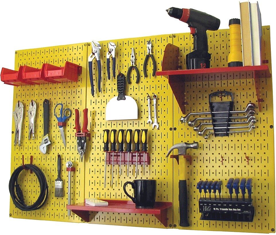 Wall Control 4' Metal Pegboard Standard Workbench Kit, Yellow Tool Board and Red Accessories