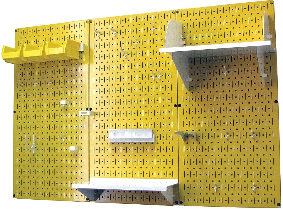 Wall Control 4' Metal Pegboard Standard Workbench Kit, Yellow Tool Board and White Accessories