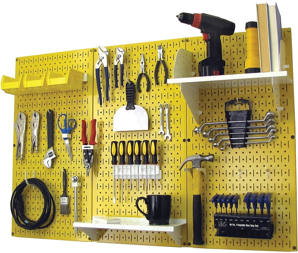 Wall Control 4' Metal Pegboard Standard Workbench Kit, Yellow Tool Board and White Accessories