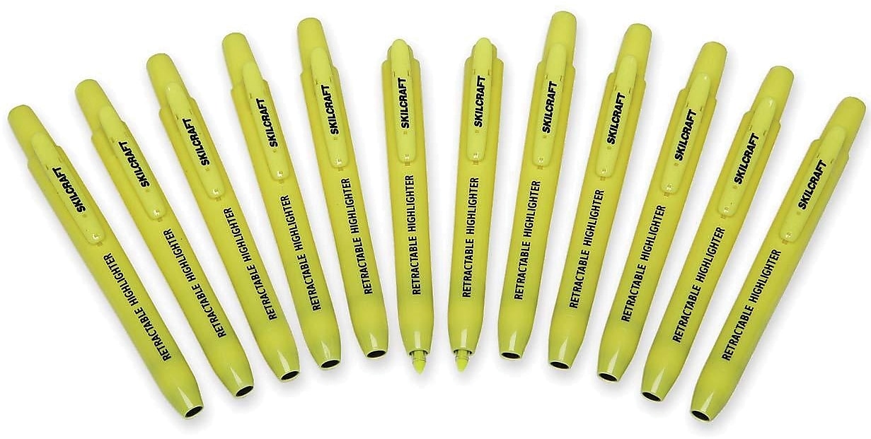 AbilityOne SKILCRAFT Retractable Highlighter, Chisel Tip, Yellow, Dozen (NSN5548210)