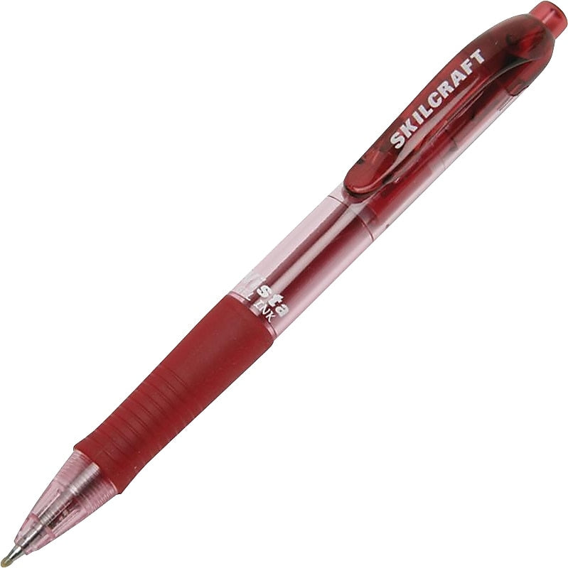 AbilityOne Vista Retractable Rubber Grip Gel Pen, Medium Point, 0.7 mm, Red Ink / Clear Barrel, 12/Pk