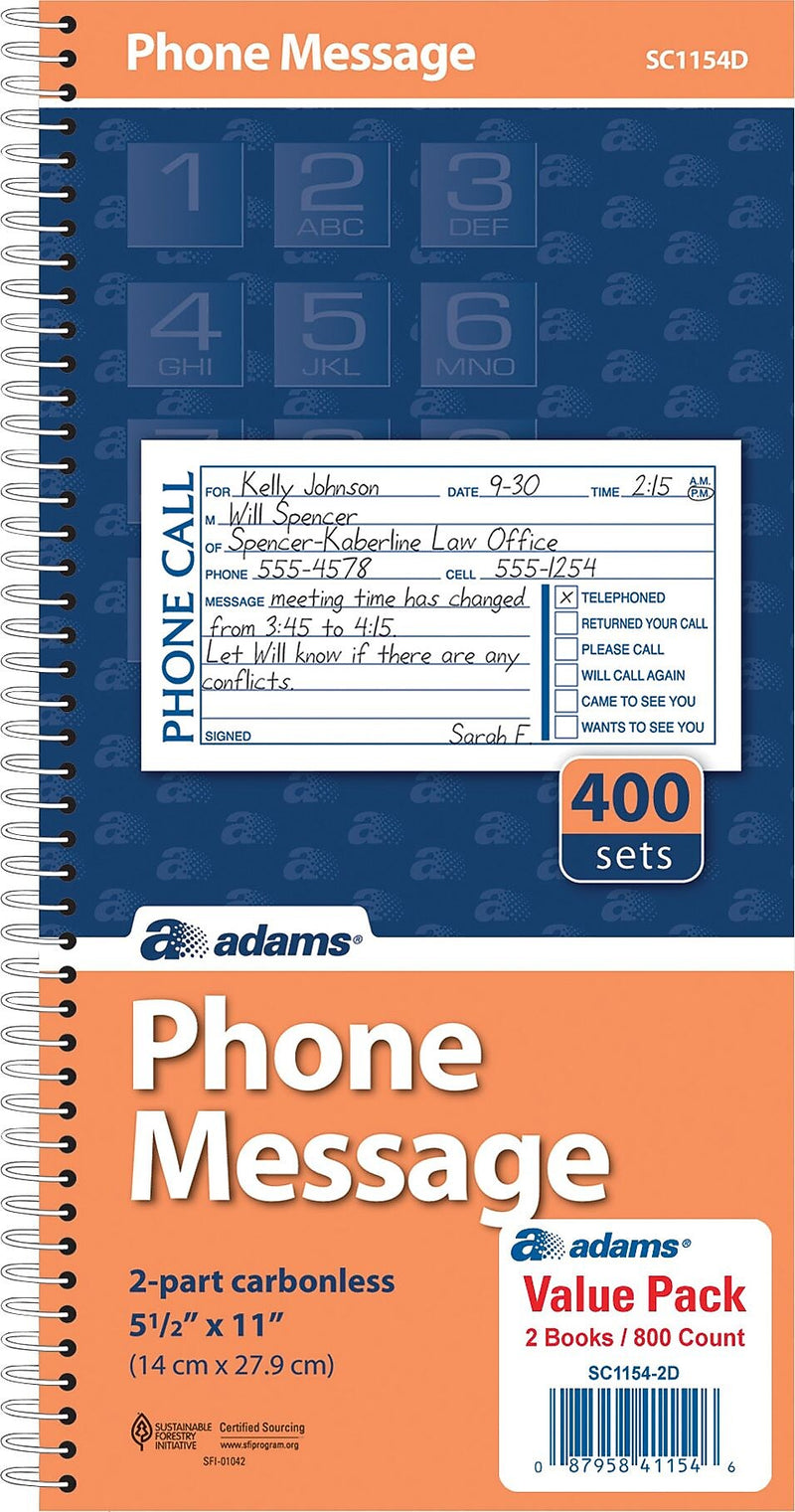 Adams Phone Message Pad, 5.5" x 11", White, 100 Sheets/Pad, 2 Pads/Pack (SC1154-2D)