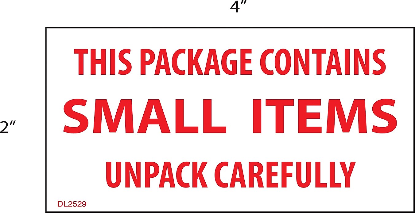 Decker Tape "This Package Contains Small Items/Unpack Carefully" Label, 2" x 4", 500/Roll (DL2529B)