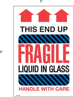 Decker Tape "Fragile/Liquid in Glass" Label, 4" x 6", 500/Roll (DL2530D)