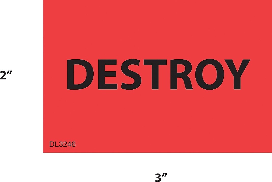 Decker Tape "Destroy" Label, 2" x 3", 500/Roll (DL3246B)