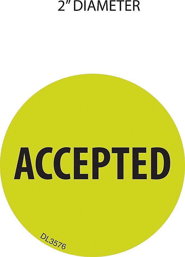 Decker Tape Product "Accepted" Label, 2"Dia, Fluorescent (DL3576C)