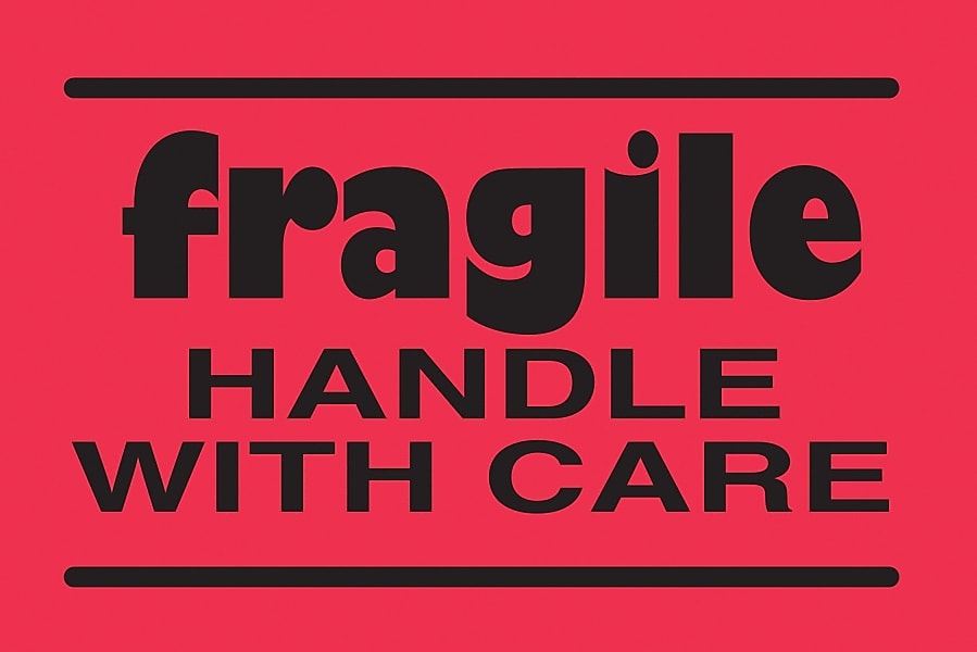 Decker Tape "Fragile, Handle With Care" Label 2" x 3", Red, 500/Roll (DL3601)