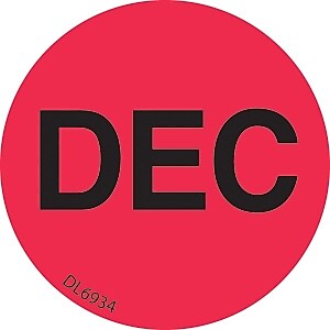 Decker Tape "December" Label, 1" Diameter, 500/Roll (DL6934F)