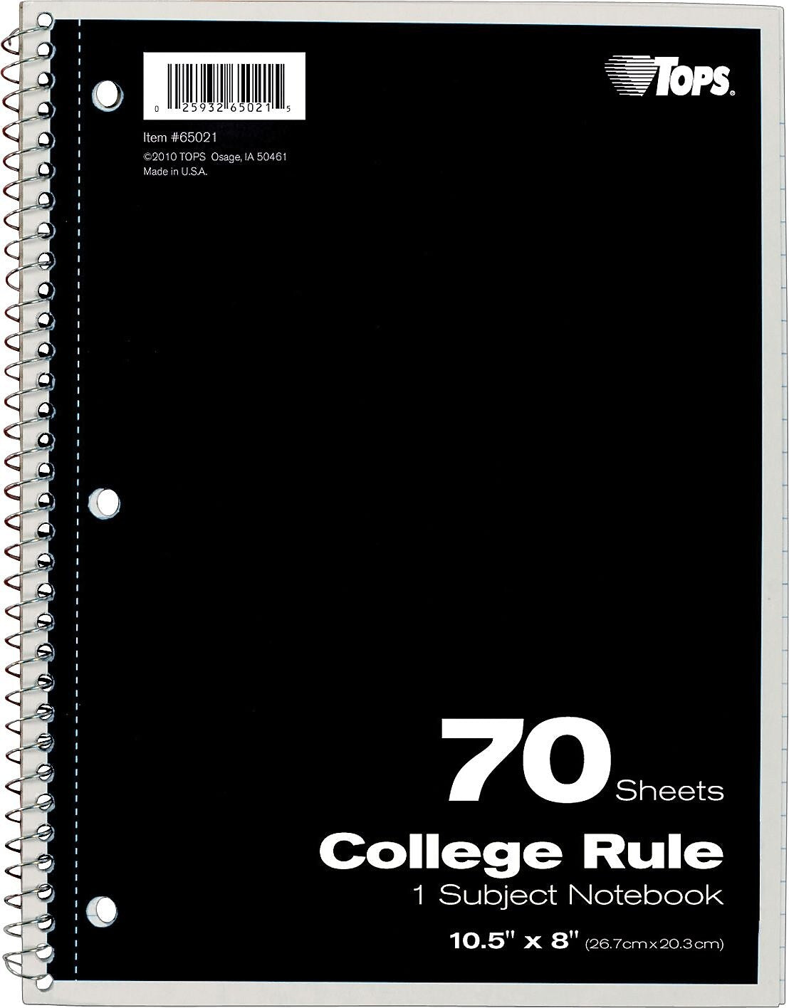 TOPS 1-Subject Notebook, 8" x 10.5", College Ruled, 70 Sheets, Assorted Colors (TOP 65021)