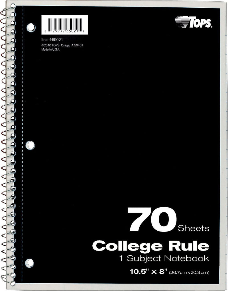 TOPS 1-Subject Notebook, 8" x 10.5", College Ruled, 70 Sheets, Assorted Colors (TOP 65021)