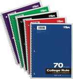 TOPS 1-Subject Notebook, 8" x 10.5", College Ruled, 70 Sheets, Assorted Colors (TOP 65021)